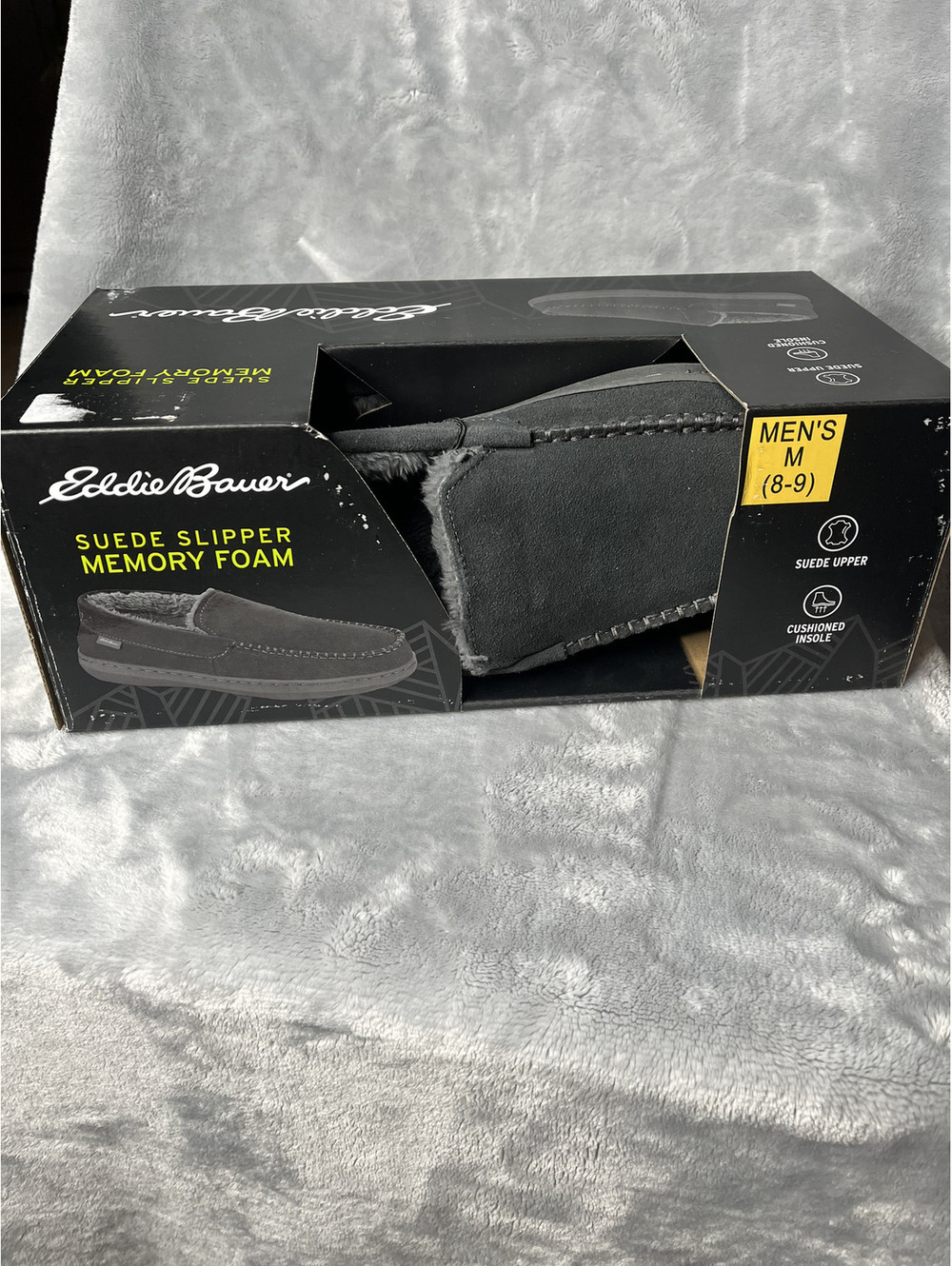 NWT Eddie Bauer Men's Gray Suede/Sherman, Memory Foam Slippers Size 8-9
